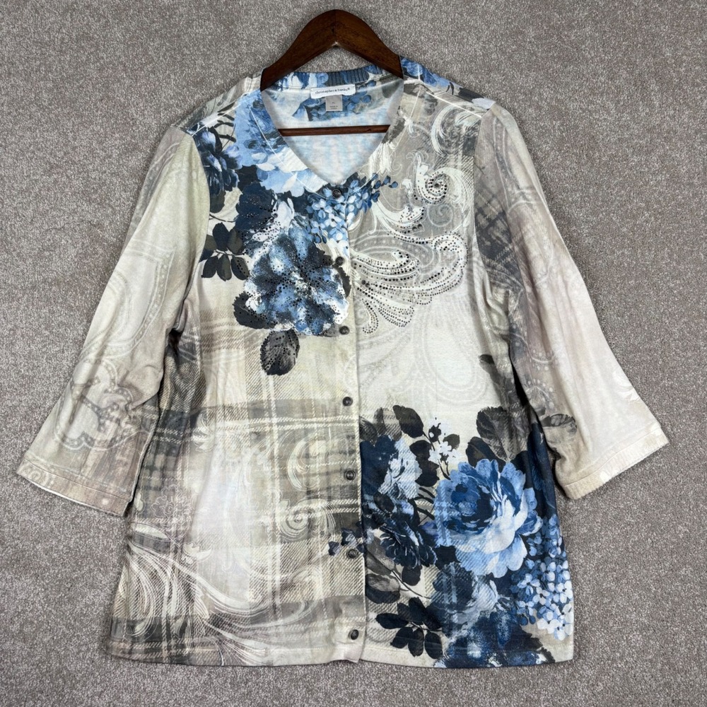 Christopher & Banks Blue Floral Paisley Plaid Rhinestone Cardigan Top XL